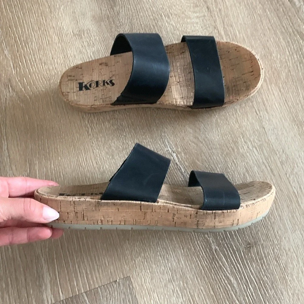 Korks Tidal Sandals Women's Size 8.5 M‎ Shoes Slides Double Strap Black Leather